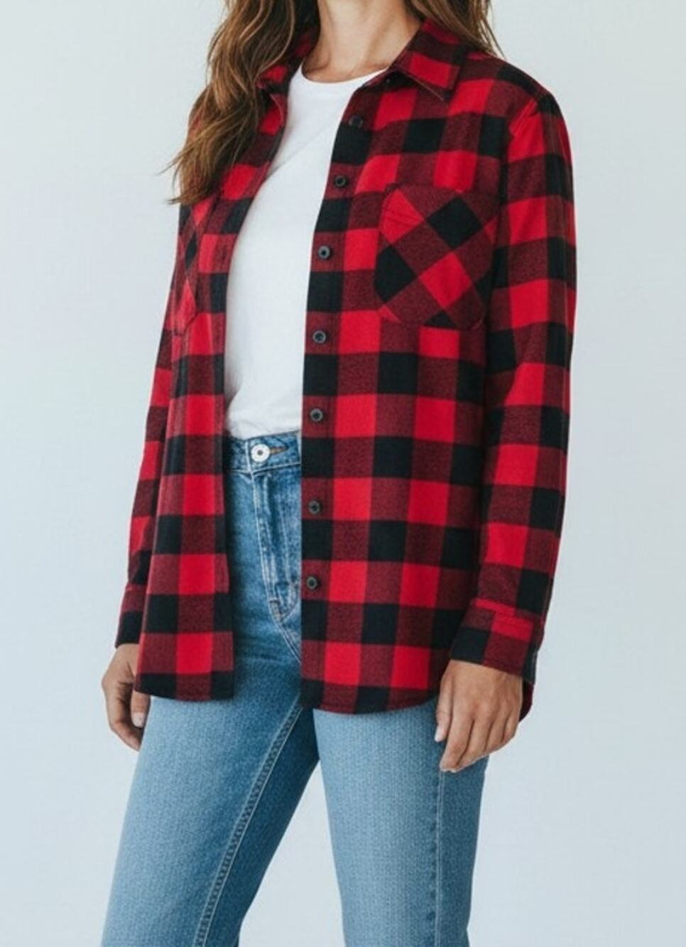 Eddie Bauer Womens Small Red Black Buffalo Plaid Button Front Cotton Shirt